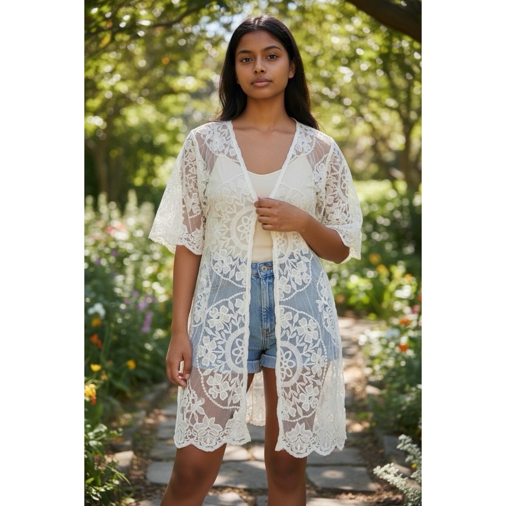 Kimono Duster‎ Womens Small Ivory Sheer Lace Embroidered Open Front Boho Fairy